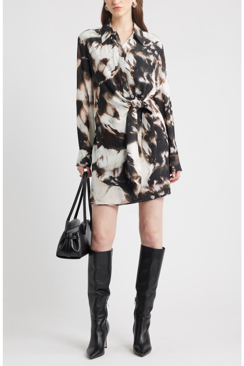 Tie Waist Long Sleeve Shirtdress, Alternate, color, BLACK- IVORY CELESTE ABSTRACT
