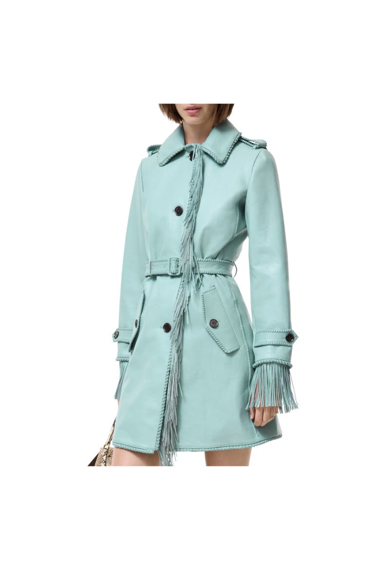 Short Fringed Leather Car Coat, Alternate, color, Turquoise