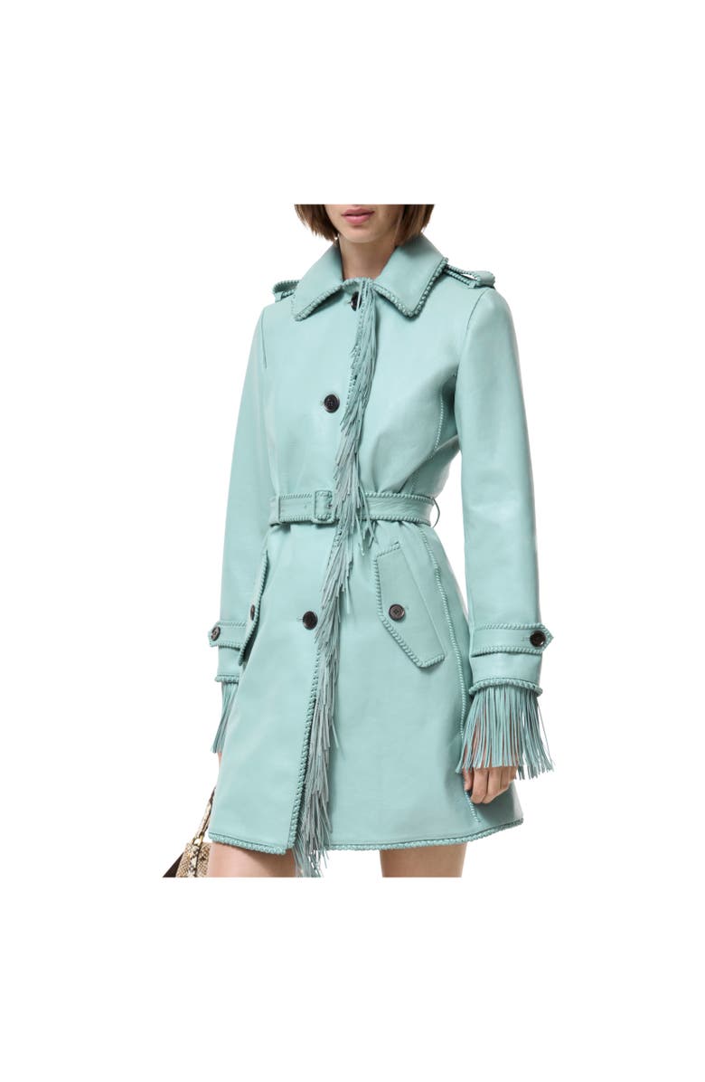 Burberry Short Fringed Leather Car Coat, Alternate, color, Turquoise
