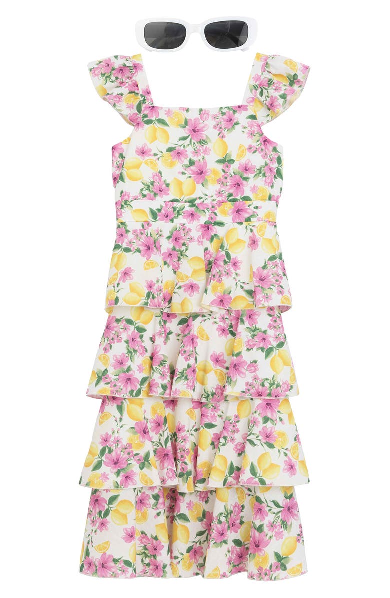 Speechless Kids' Floral Tiered Maxi Dress & Sunglasses Set, Main, color, Ivory/Pink Jm