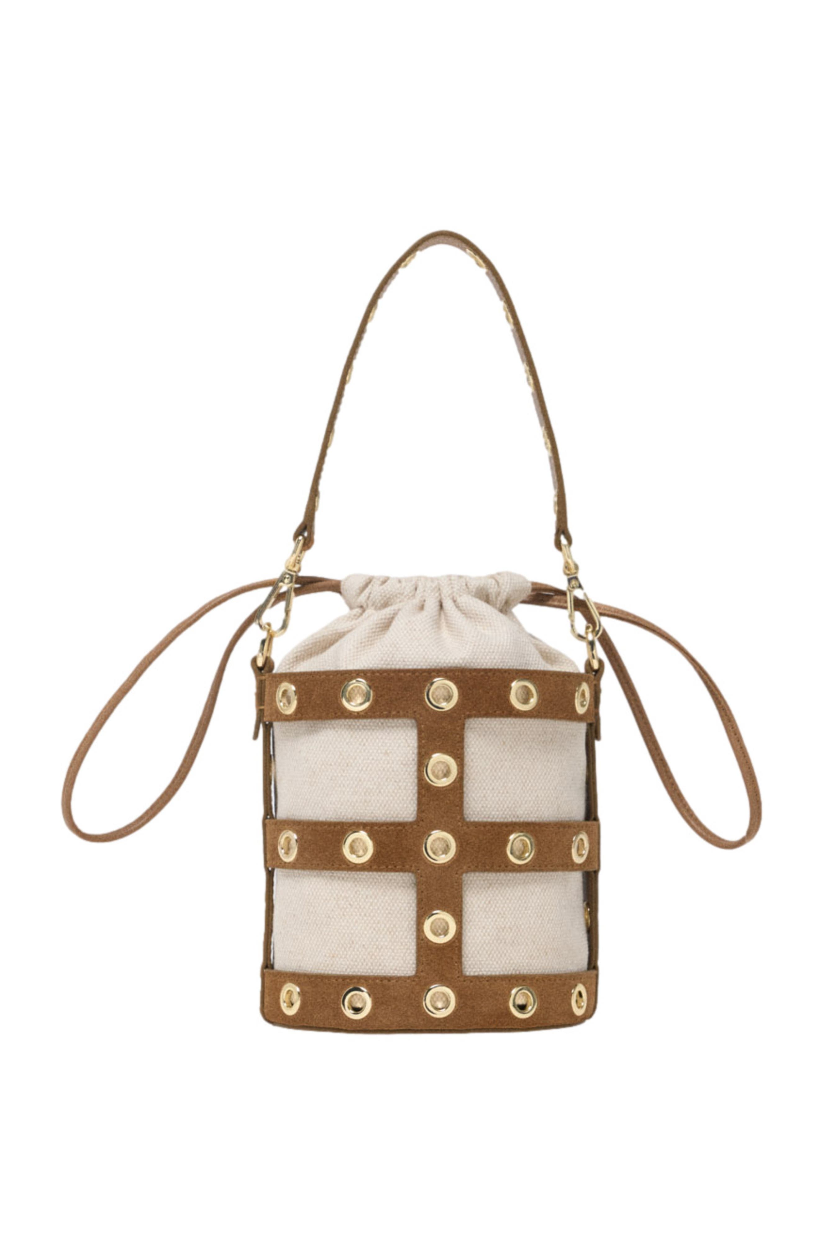 maje Suede Miss M bucket bag, Main, color, Camel