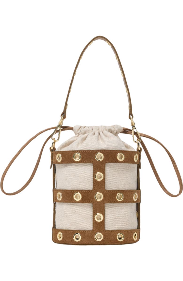 maje Suede Miss M bucket bag, Main, color, Camel