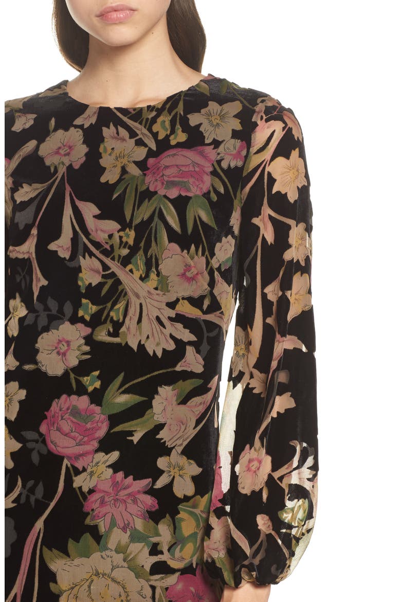 Floral Print Velvet Shift Dress, Alternate, color, BLACK