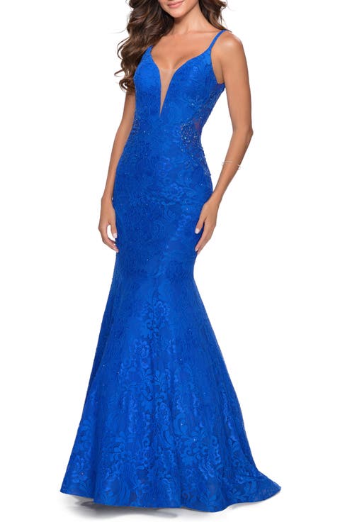 Long Mermaid Lace Dress with Back Rhinestone Detail