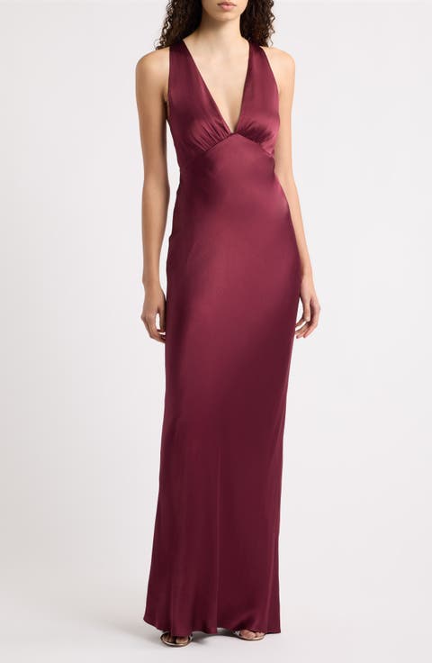 La Lune Plunge Neck Cross Back Satin Gown