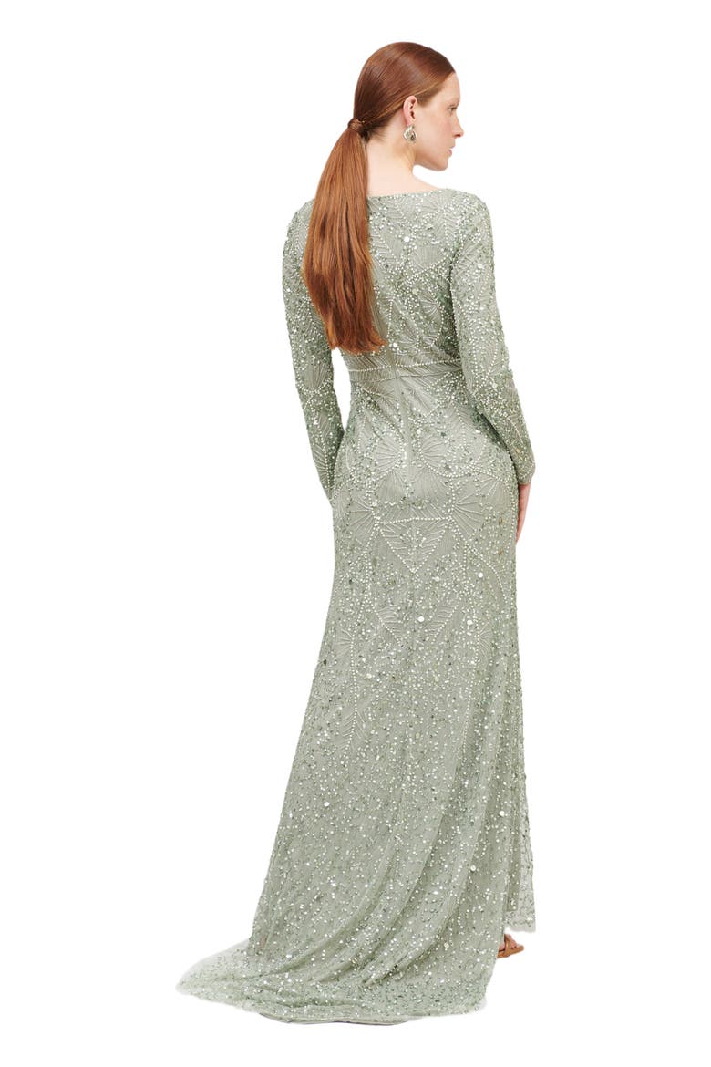 Occasion Modest Embellished Sequin Beaded A Line Evening Gown, Alternate, color, SAGE GREEN