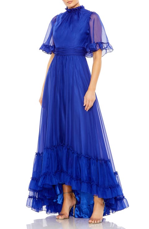 Ruffled High Neck Flutter Sleeve High Low Hem Gown