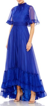 Mac Duggal Ruffled High Neck Flutter Sleeve High Low Hem Gown