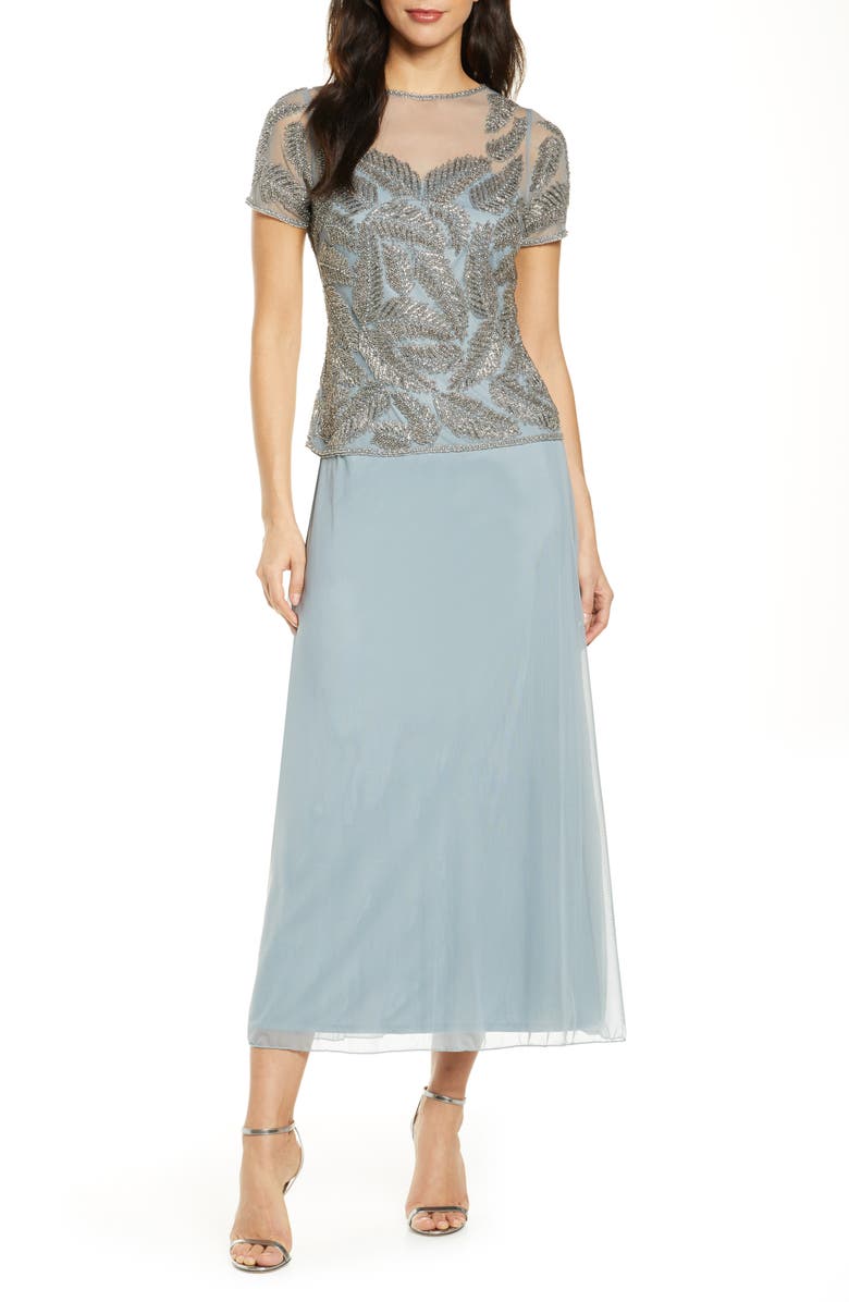 Pisarro Nights Beaded Leaf Mock Two-Piece Gown, Main, color,