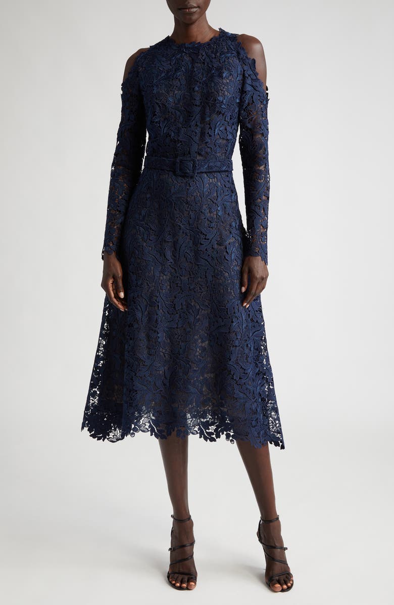 Oscar de la Renta Belted Cold Shoulder Guipure Lace Dress, Main, color,