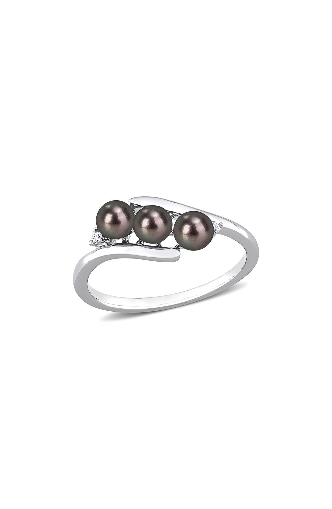 DELMAR Sterling Silver 3.5-4mm Black Freshwater Pearl & Diamond Ring