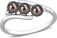 DELMAR Sterling Silver 3.5-4mm Black Freshwater Pearl & Diamond Ring