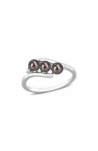 DELMAR Sterling Silver 3.5-4mm Black Freshwater Pearl & Diamond Ring