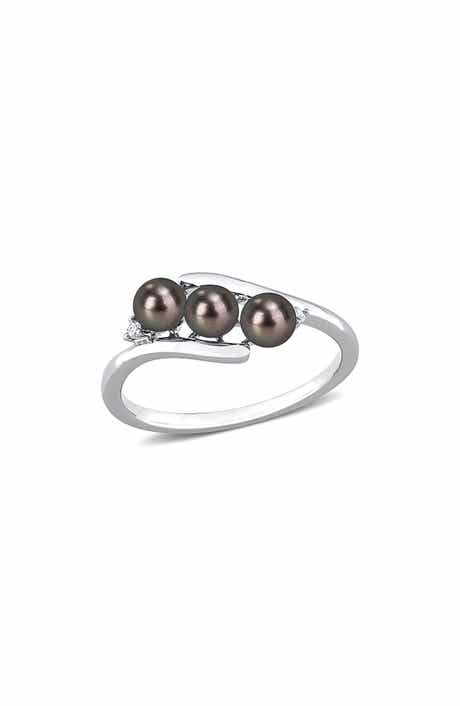 Sterling Silver 3.5-4mm Black Freshwater Pearl & Diamond Ring