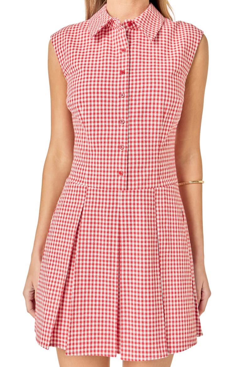 Check Pleated Sleeveless Mini Shirtdress, Alternate, color, RED PLAID