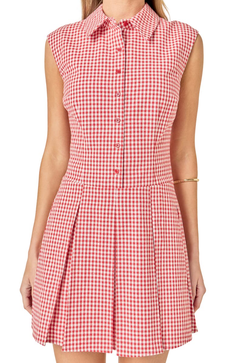 English Factory Check Pleated Sleeveless Mini Shirtdress, Alternate, color, Red Plaid