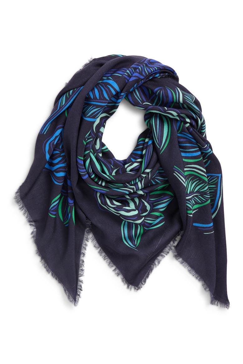 Gestural Rose Print Square Scarf, Main, color, NAVY