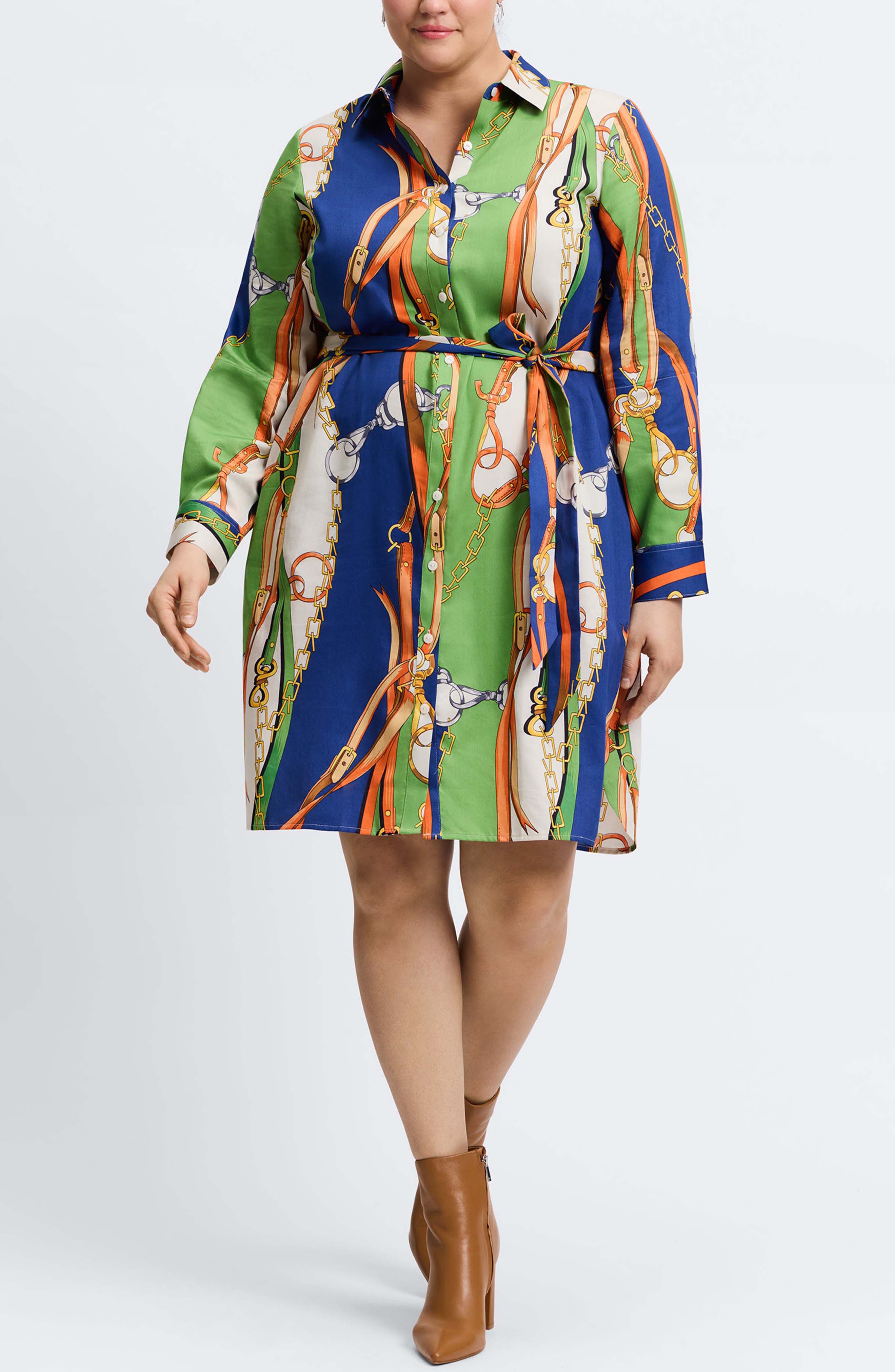 Foxcroft Rocca Chain Print Belted Long Sleeve Shirtdress in Green Multi 