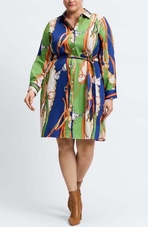 Rocca Chain Print Belted Long Sleeve Shirtdress (Plus)