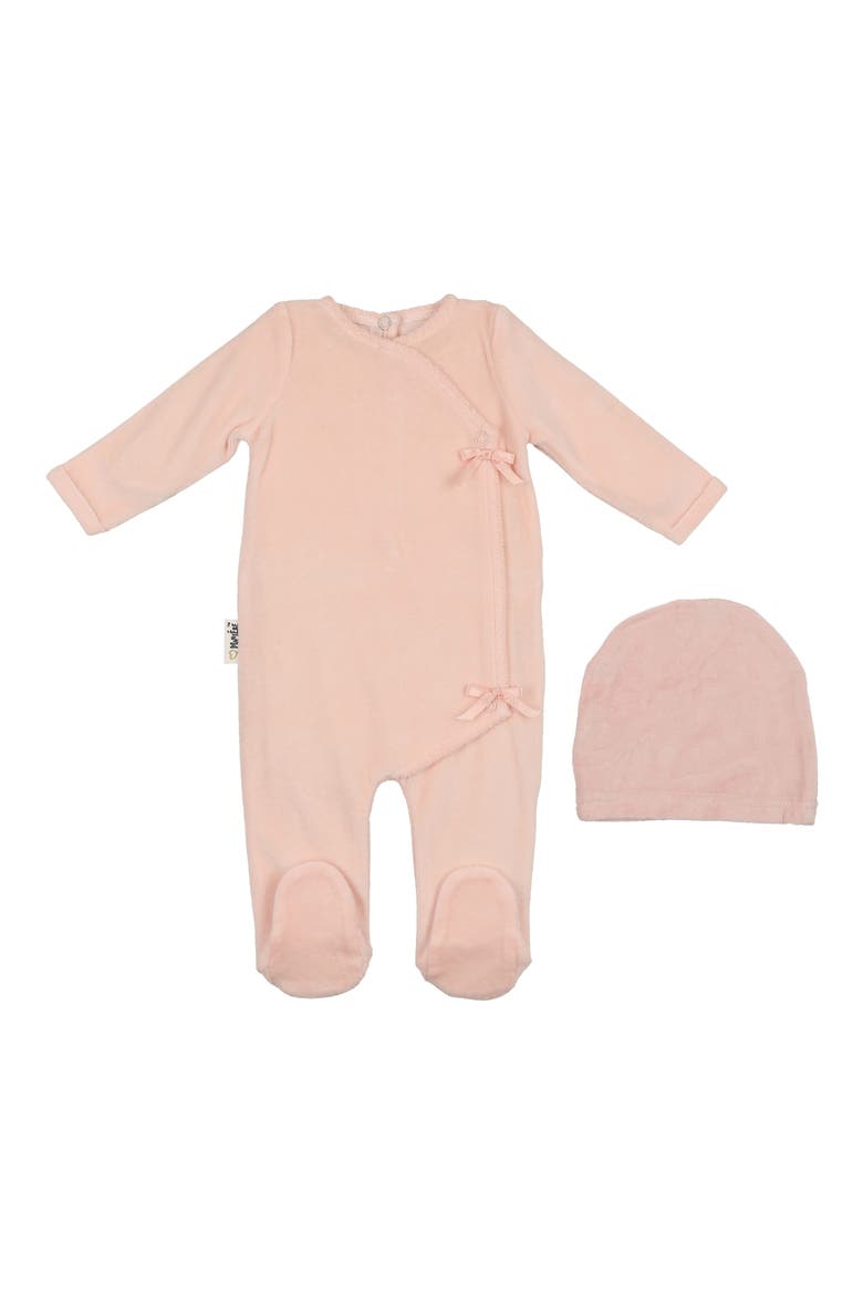 Wrap Front Cotton Blend Velour Footie & Beanie Set, Main, color, LIGHT PINK
