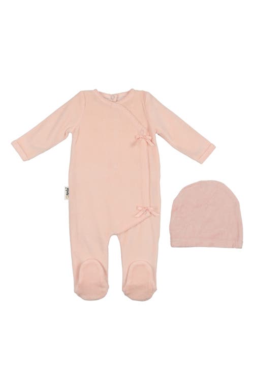 Maniere Babies' Manière Wrap Front Cotton Blend Velour Footie & Beanie Set In Pink