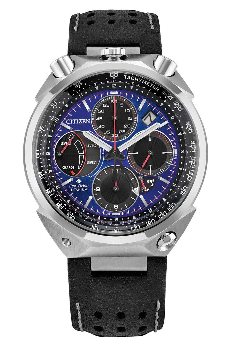 Promaster Tsuno Chronograph Racer Super Titanium™ Leather Strap Watch, 43.3mm, Main, color, BLACK