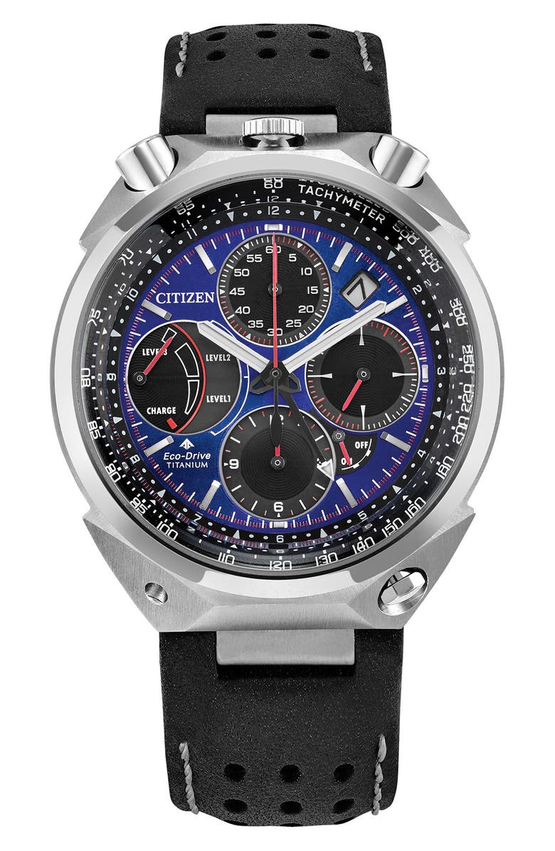 Citizen Promaster Tsuno Chronograph Racer Super Titanium<sup>™</sup> Leather Strap Watch, 43.3mm, Main, color, Black