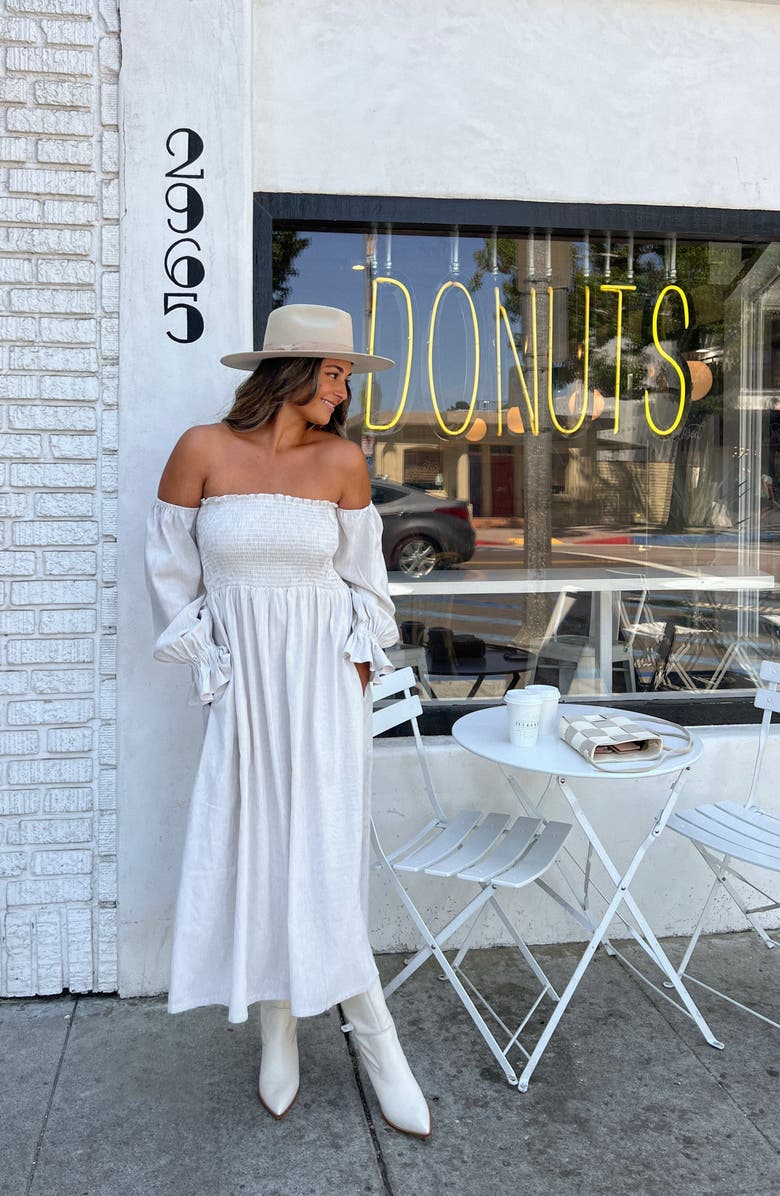 Petal & Pup Domenica Stripe Strapless Long Sleeve Linen & Cotton Dress, Alternate, color, 