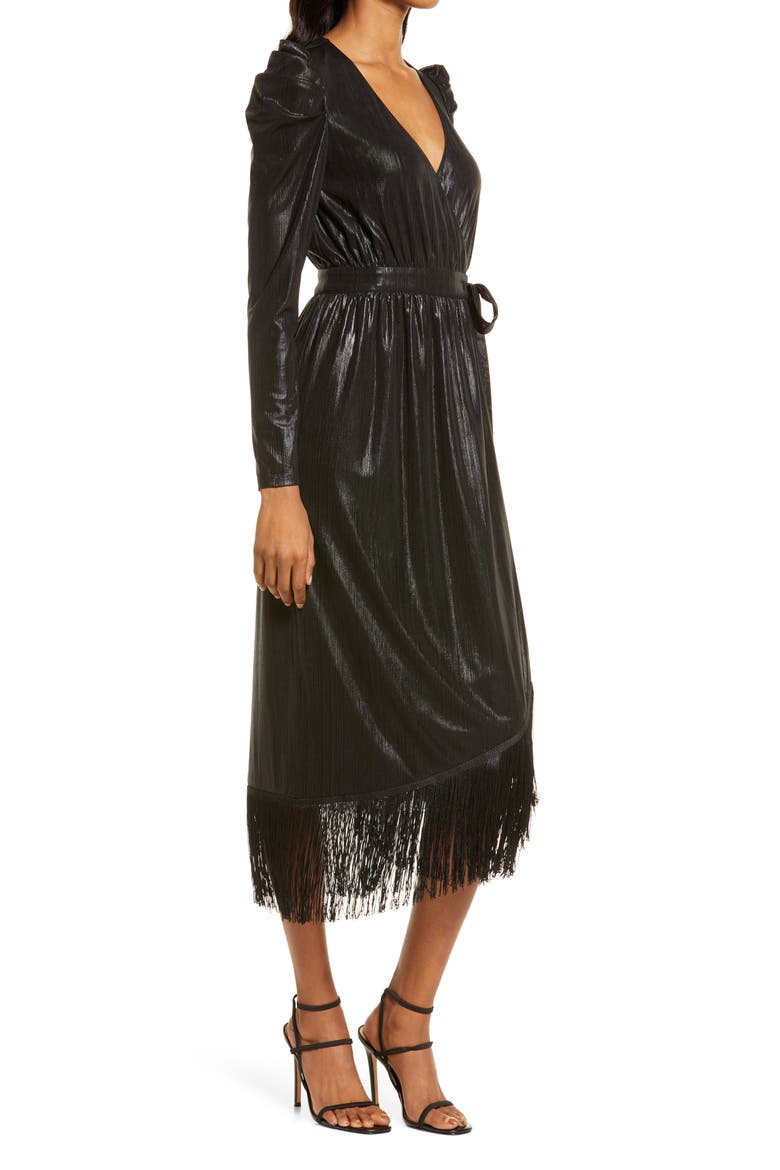 Dream Big Metallic Puff Long Sleeve Midi Dress, Alternate, color, BLACK