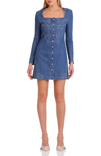 Avec Les Filles Western Embroidered Long Sleeve Denim Minidress In Blue