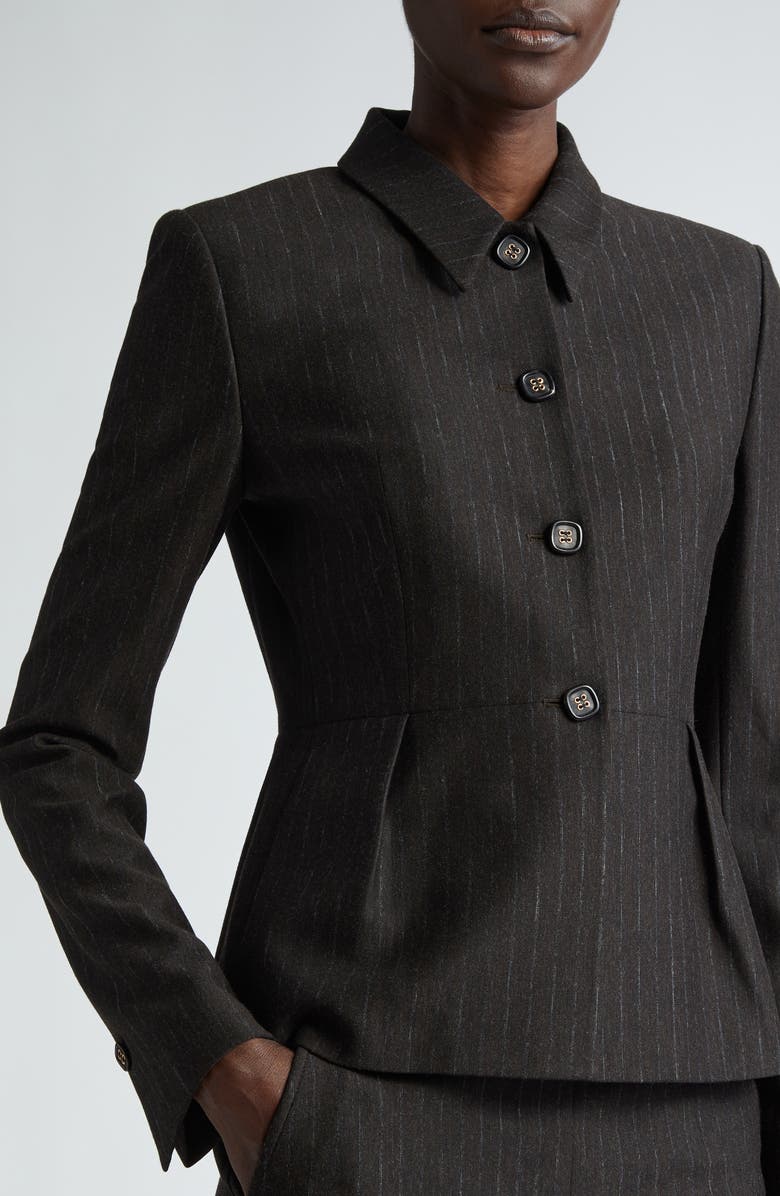 ST. JOHN Pinstripe Jersey Peplum Jacket, Alternate, color, Mocha
