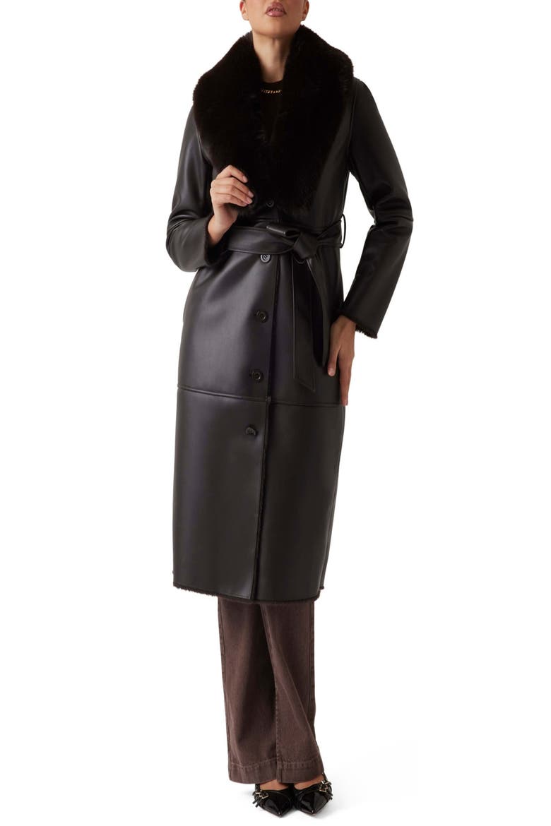 Zoey Faux Leather Coat with Removable Faux Fur Collar, Main, color, DARK BROWN