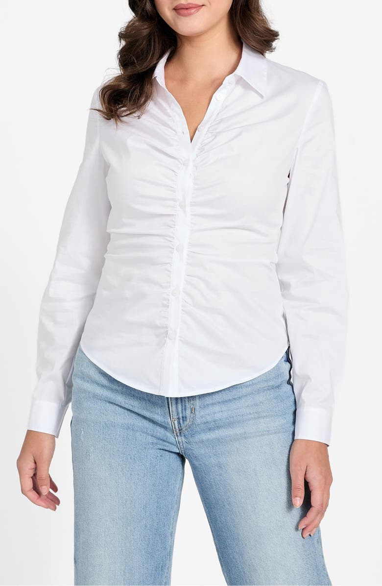 GUESS Emily Shirred Cotton Blend Poplin Button-Up Shirt, Main, color, White