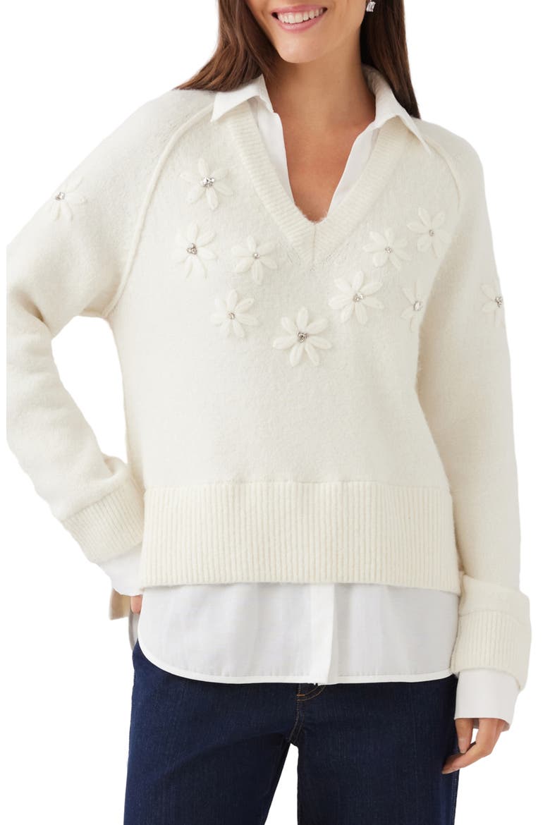 Embroidered Layered V-Neck Sweater, Main, color, CREAM