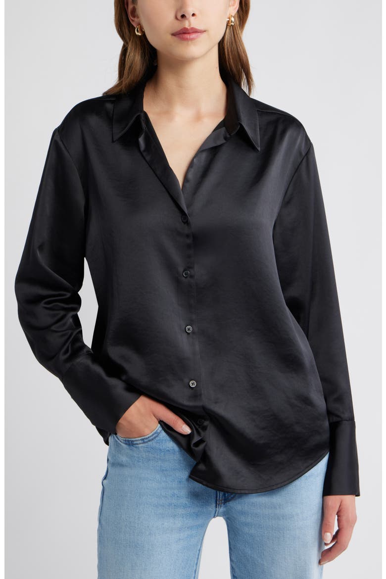 Relaxed Fit Satin Button-Up Shirt, Main, color, BLACK