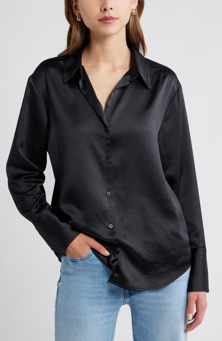 Open Edit Relaxed Fit Satin Button-Up Shirt, Main, color, Black