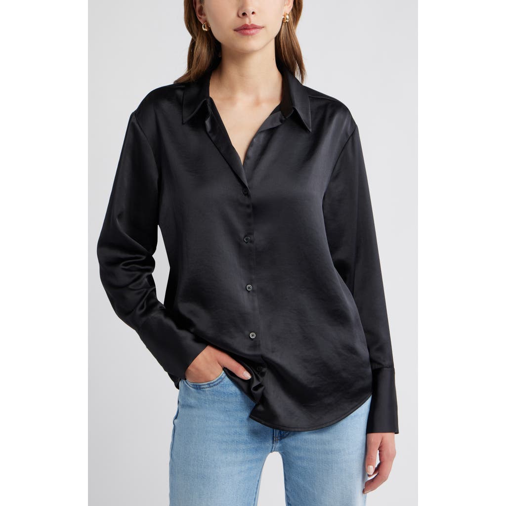 Open Edit Relaxed Fit Satin Button-up Shirt In Black