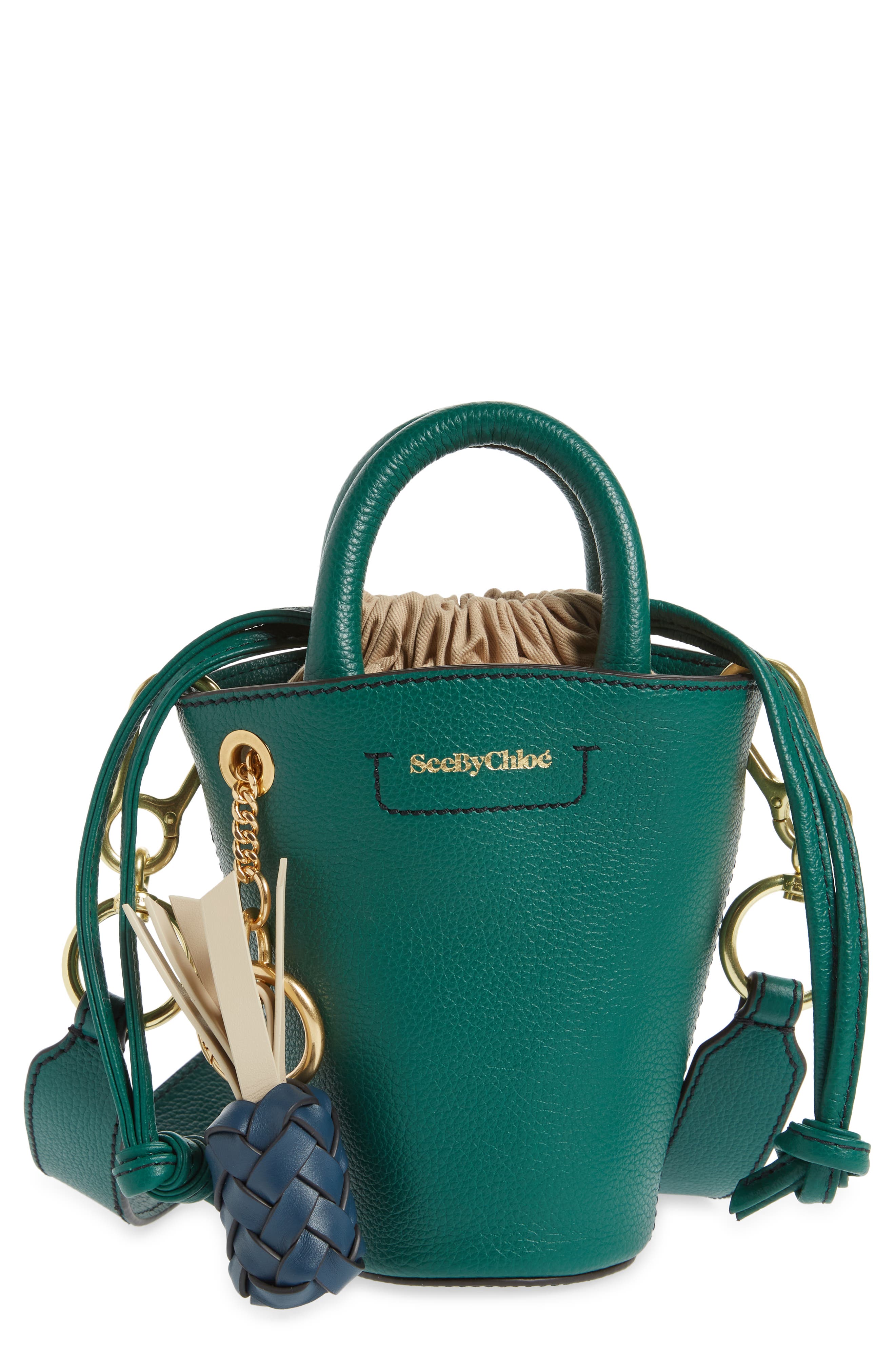 Mini Leather Bucket Bag, Main, color, WOODSY GREEN