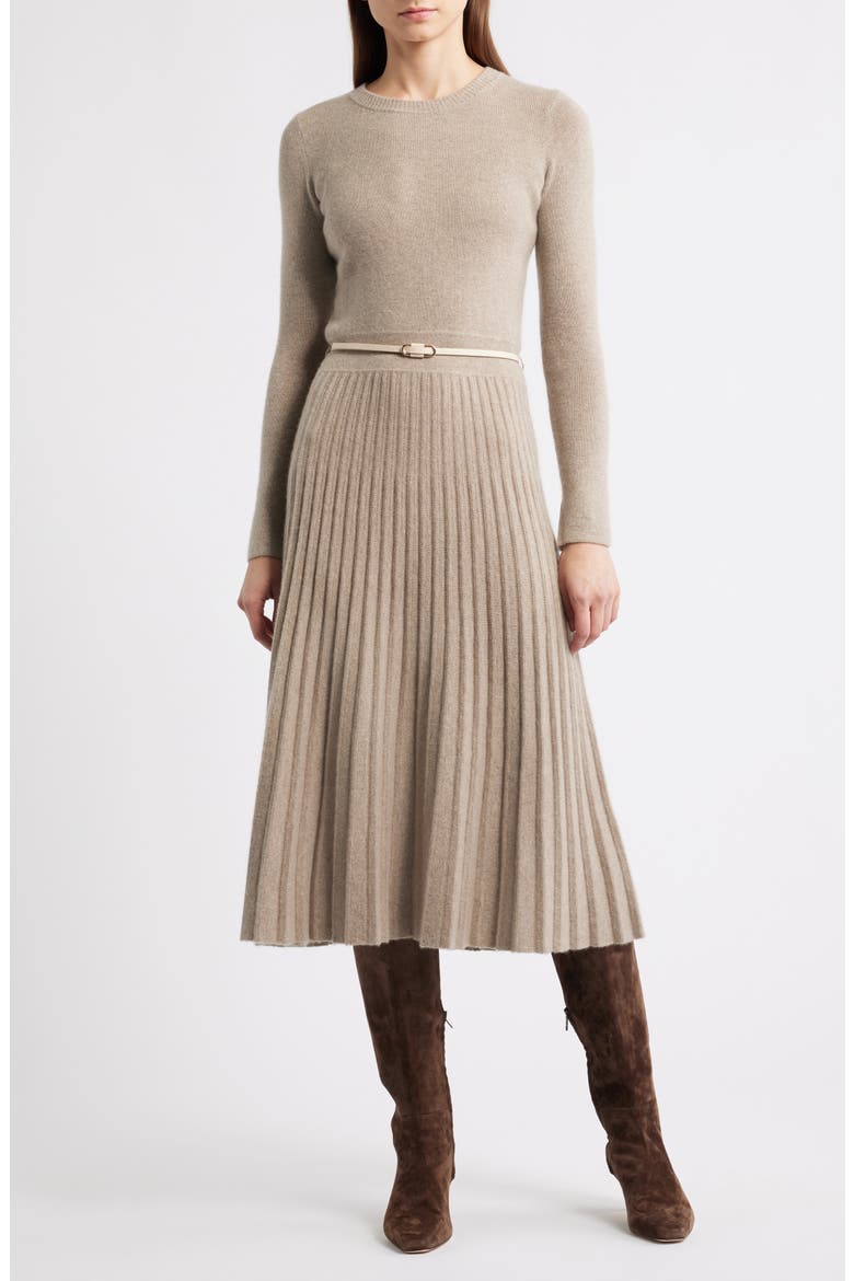 The Kellie Belted Long Sleeve Cashmere Midi Sweater Dress, Main, color, BROWN/ TAUPE HEATHER