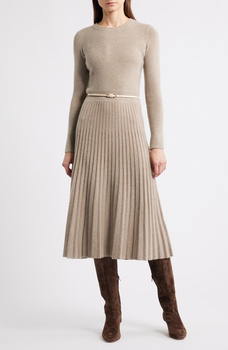 Elie Tahari The Kellie Belted Long Sleeve Cashmere Midi Sweater Dress, Main, color, Brown/ Taupe Heather