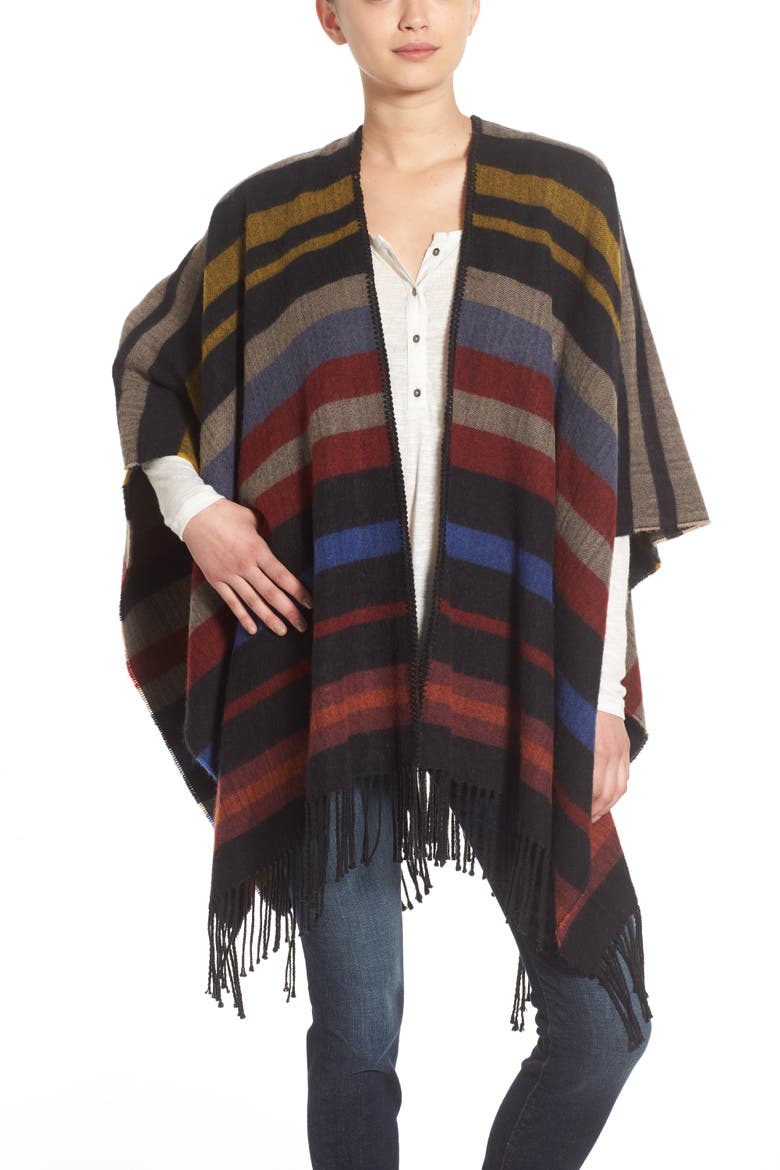 Treasure&Bond Fringed Stripe Poncho, Alternate, color, BLACK COMBO
