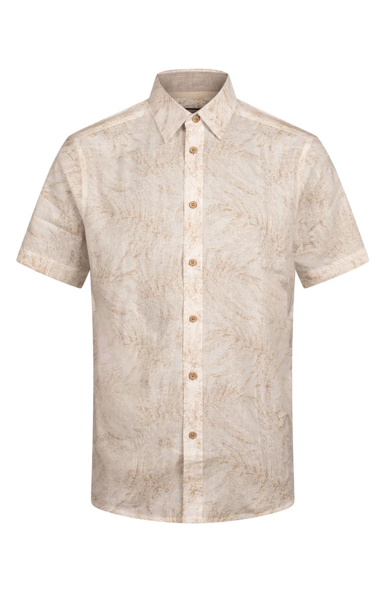 Report Collection Tropical Print Short Sleeve Linen & Cotton Button-Up Shirt, Alternate, color, Beige