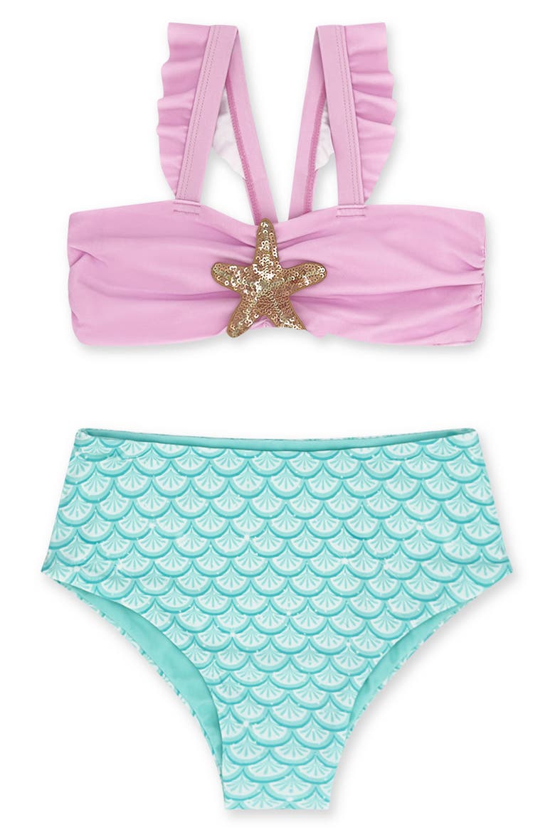 Kids' Sea Star Appliqué UPF 50+ Two-Piece Swimsuit, Main, color, POP PINK