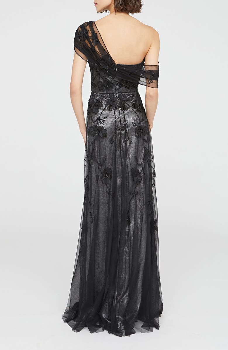 Theia Lenora Metallic Floral Appliqué One-Shoulder Gown, Alternate, color,