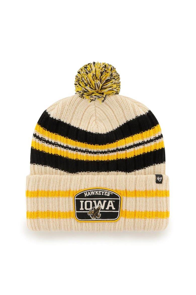 Men's '47 Natural Iowa Hawkeyes Hone Patch Cuffed Knit Hat with Pom, Main, color, Natural