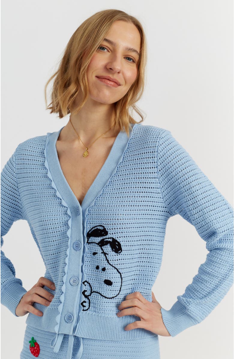 Chinti & Parker Cotton Snoopy Crochet Peekabo Cardigan, Alternate, color, Light Blue