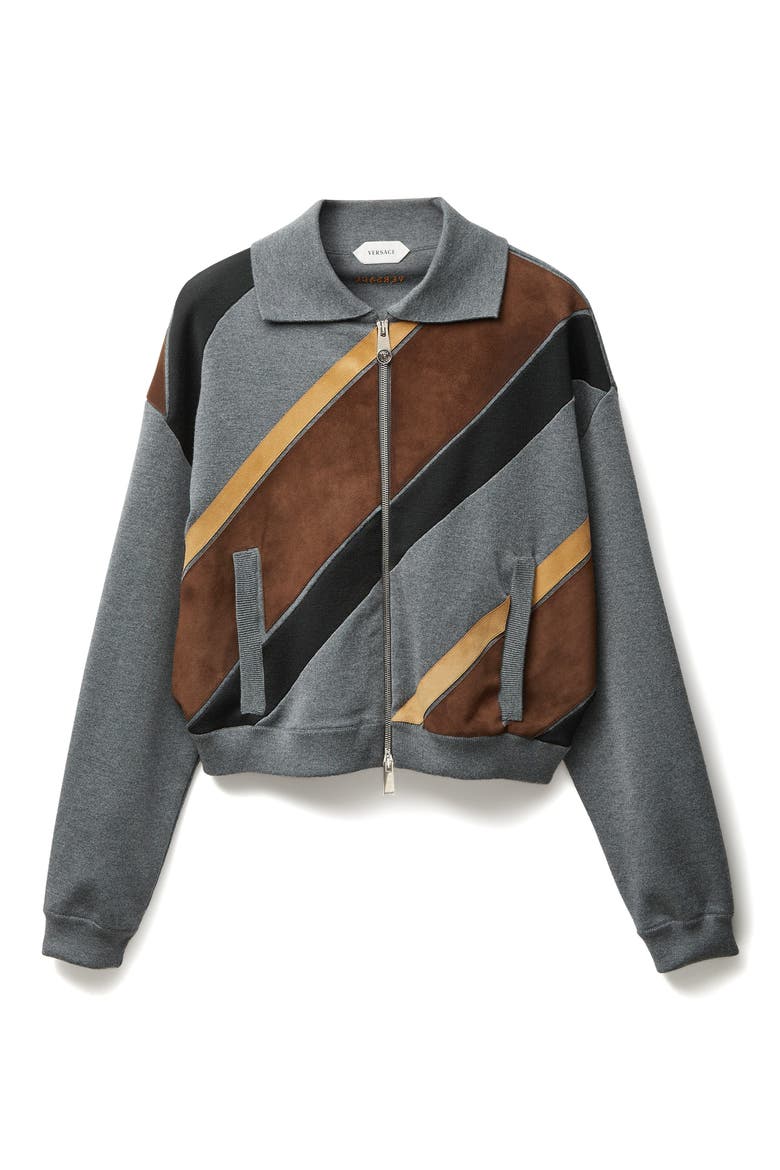 Leather Stripe Knit Jacket, Alternate, color, MEDIUM GREY