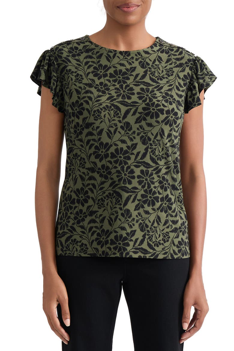 Floral Flutter Sleeve Top, Main, color, JASPER GREEN / JONES BLACK
