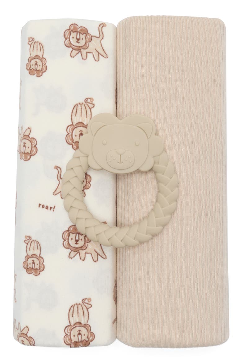 3-Piece Swaddle Blankets & Teether Set, Main, color, TAUPE