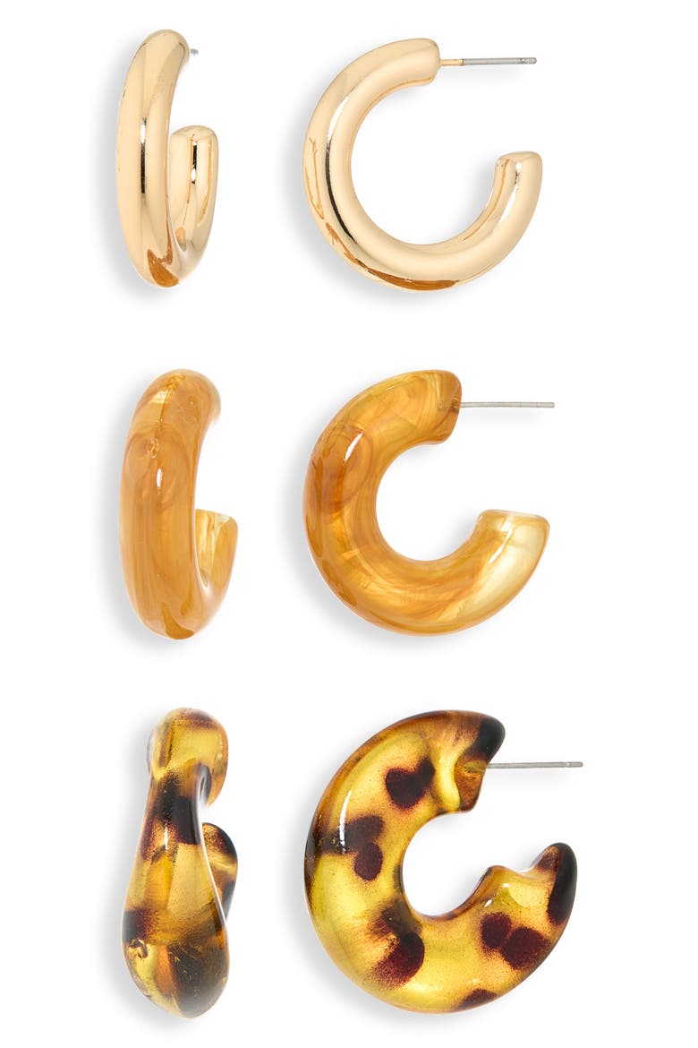 Set of 3 Resin & Goldtone Huggie Hoop Earrings, Main, color, MULTI